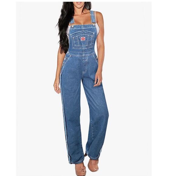 Revolt  classic denim bin overalls blue strip lines on side size M - Picture 1 of 11